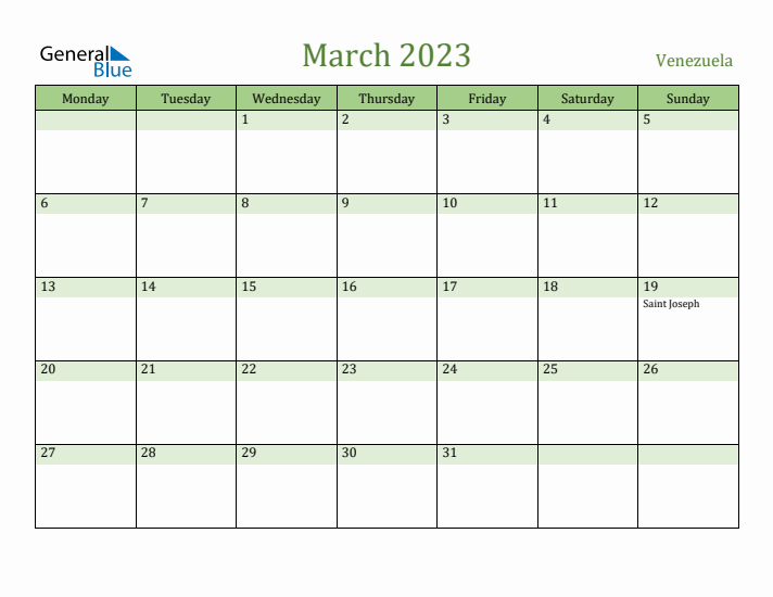 March 2023 Calendar with Venezuela Holidays