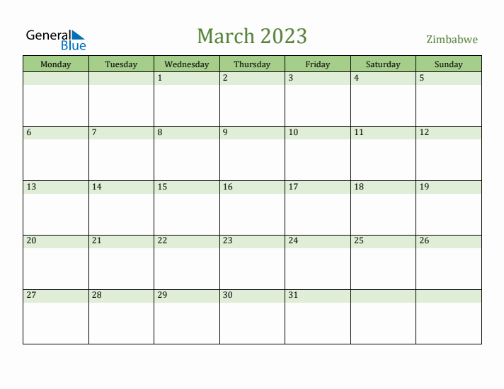 March 2023 Calendar with Zimbabwe Holidays