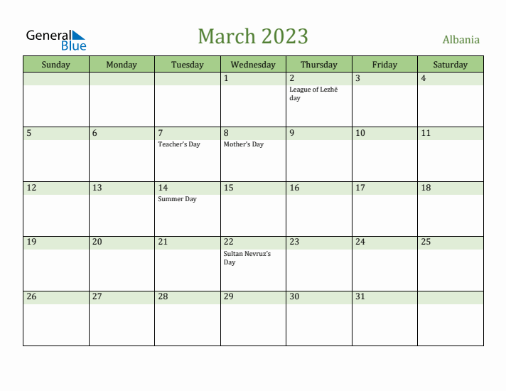 March 2023 Calendar with Albania Holidays