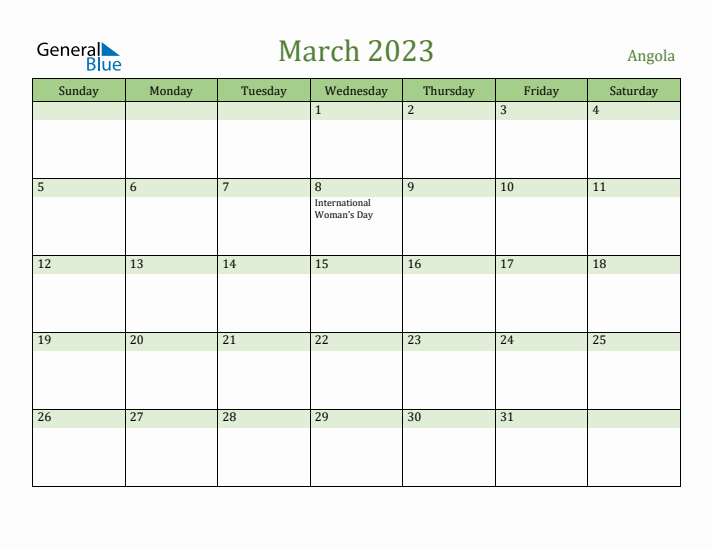 March 2023 Calendar with Angola Holidays