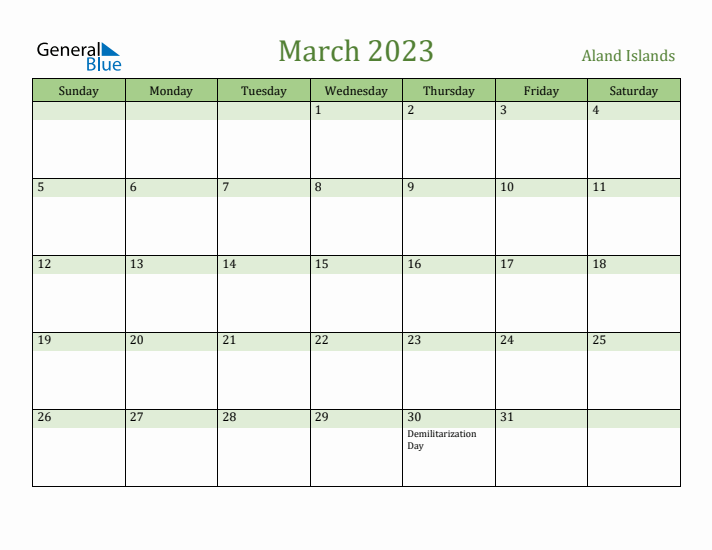 March 2023 Calendar with Aland Islands Holidays