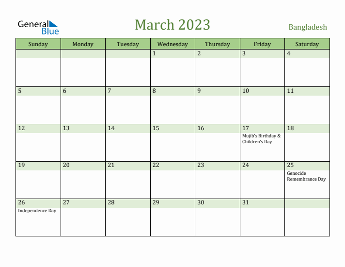March 2023 Calendar with Bangladesh Holidays