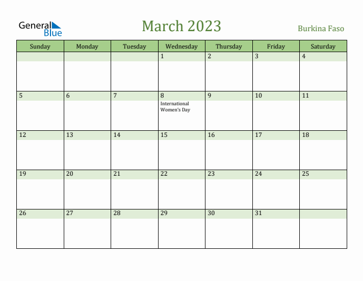 March 2023 Calendar with Burkina Faso Holidays
