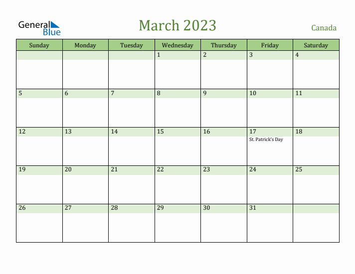 March 2023 Calendar with Canada Holidays