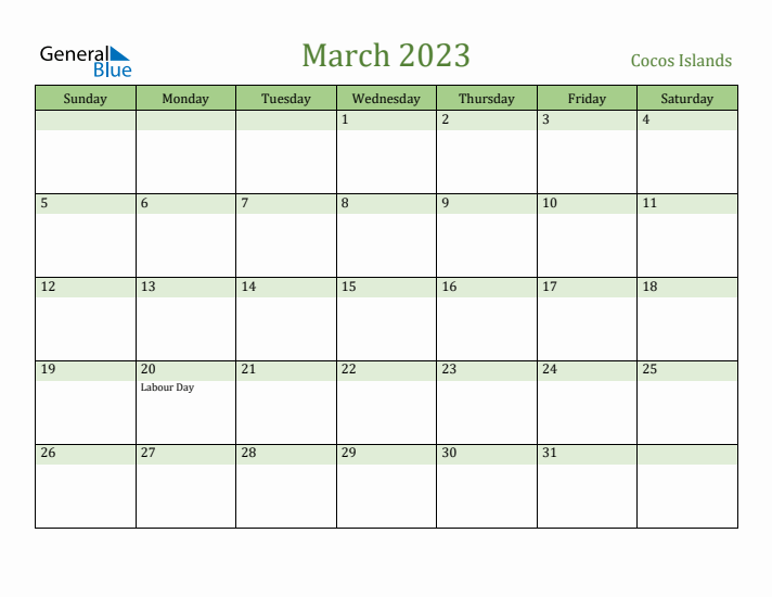 March 2023 Calendar with Cocos Islands Holidays