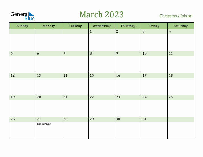 March 2023 Calendar with Christmas Island Holidays