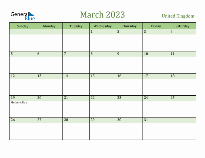 March 2023 Calendar with United Kingdom Holidays