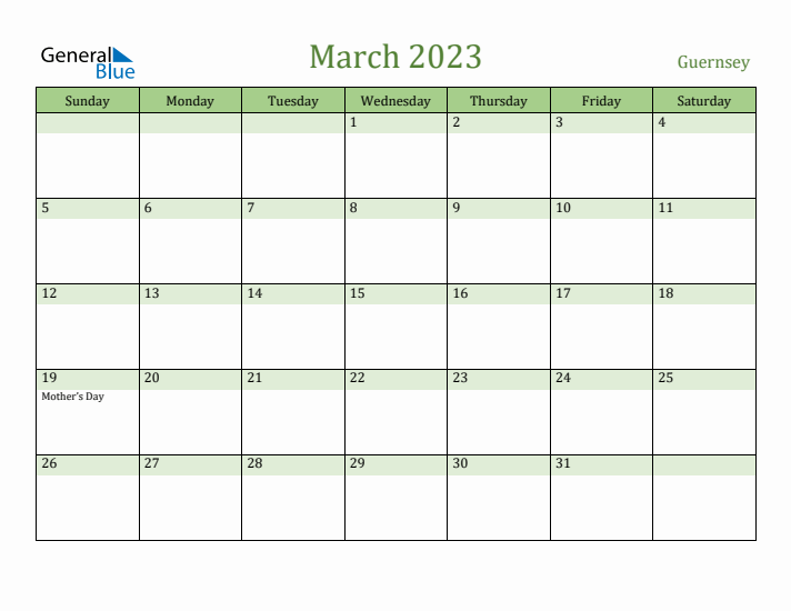 March 2023 Calendar with Guernsey Holidays