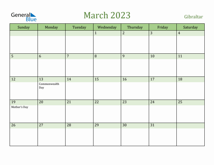 March 2023 Calendar with Gibraltar Holidays