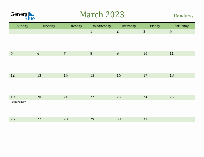 March 2023 Calendar with Honduras Holidays