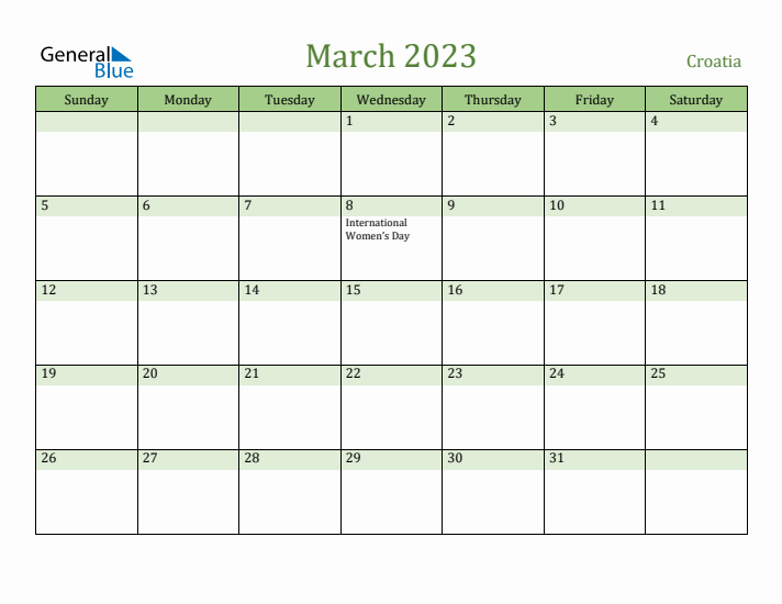 March 2023 Calendar with Croatia Holidays