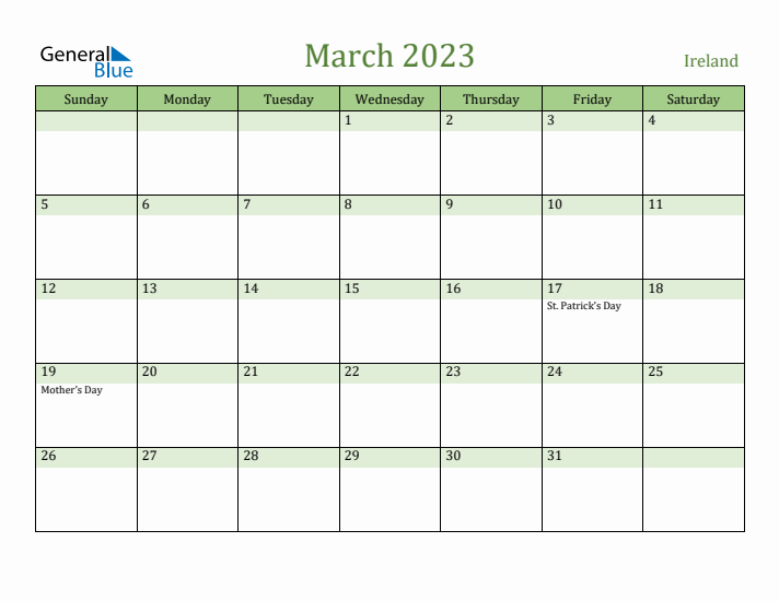 March 2023 Calendar with Ireland Holidays
