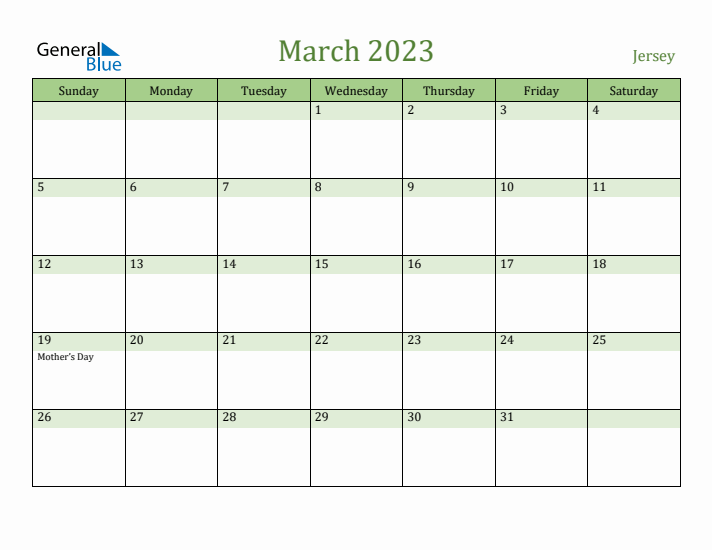 March 2023 Calendar with Jersey Holidays