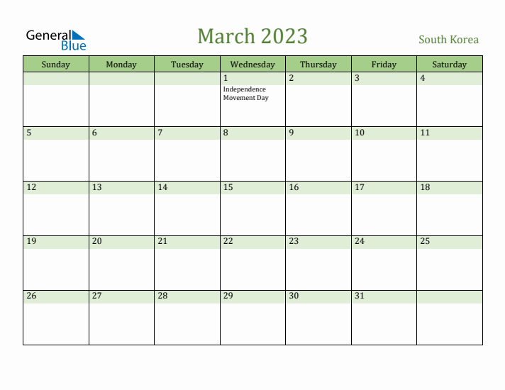 March 2023 Calendar with South Korea Holidays