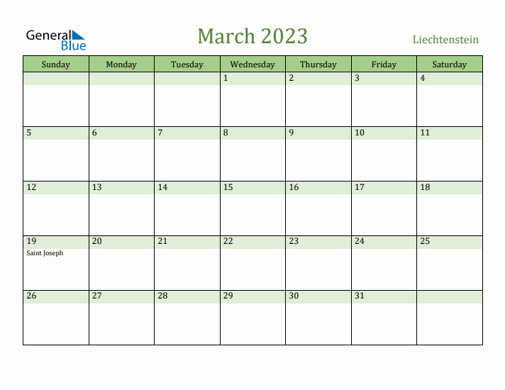 March 2023 Calendar with Liechtenstein Holidays