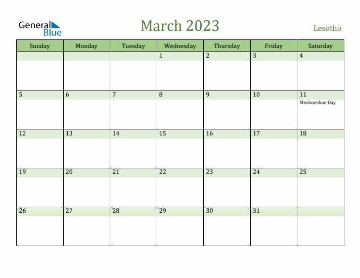 March 2023 Calendar with Lesotho Holidays