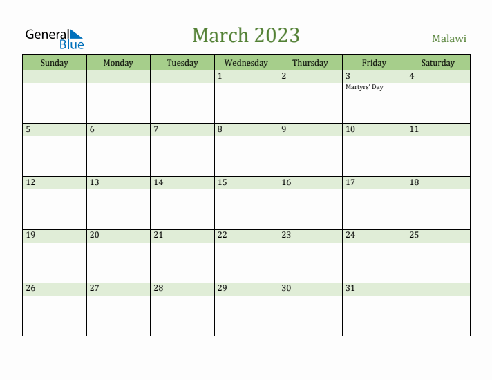 March 2023 Calendar with Malawi Holidays