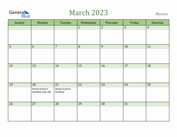March 2023 Calendar with Mexico Holidays