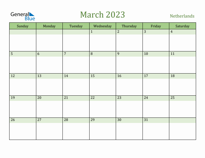 March 2023 Calendar with The Netherlands Holidays