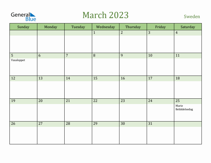 March 2023 Calendar with Sweden Holidays