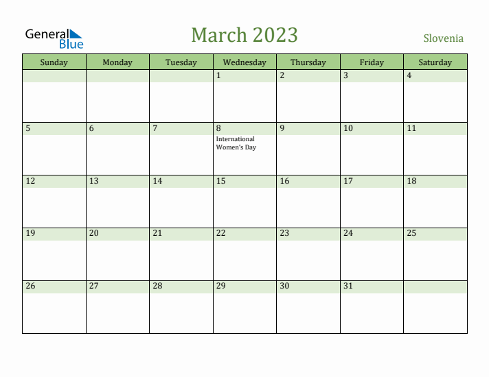March 2023 Calendar with Slovenia Holidays