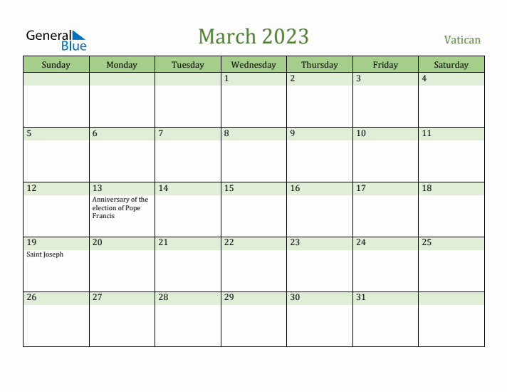 March 2023 Calendar with Vatican Holidays