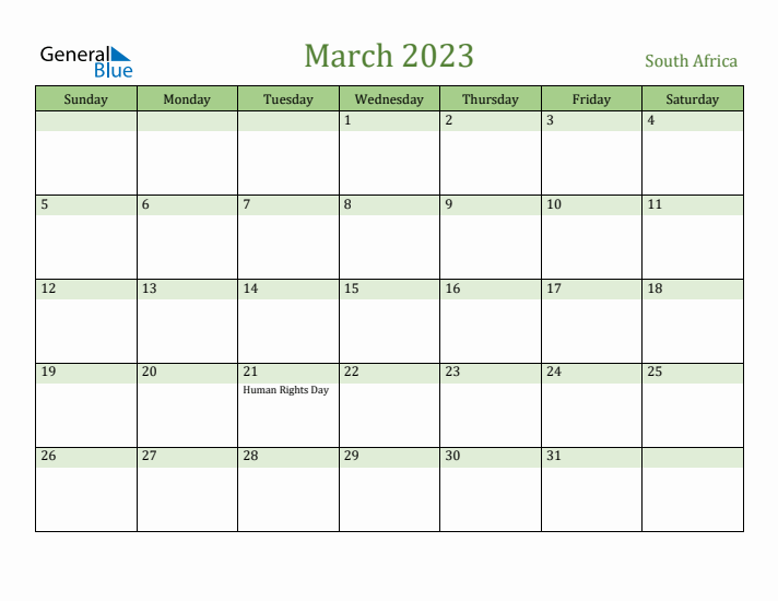 March 2023 Calendar with South Africa Holidays