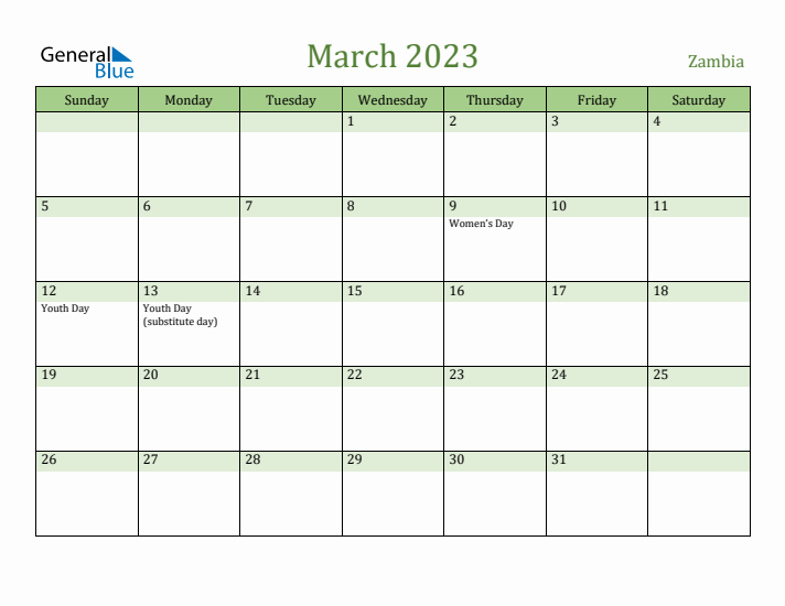 March 2023 Calendar with Zambia Holidays
