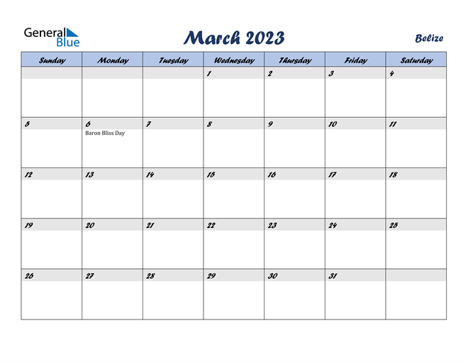 Belize March 2023 Calendar with Holidays