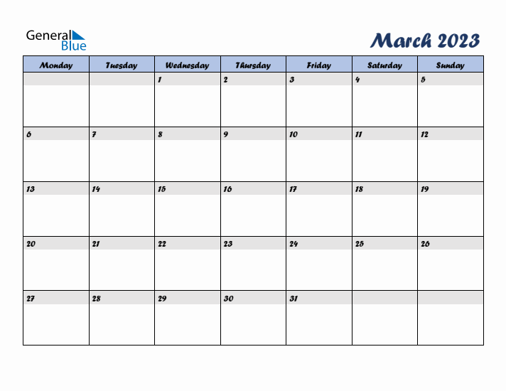 March 2023 Blue Calendar (Monday Start)