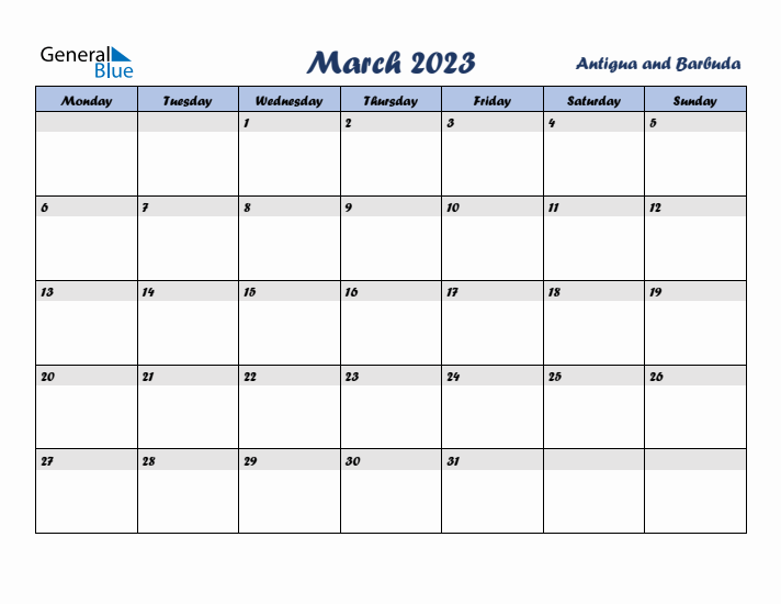 March 2023 Calendar with Holidays in Antigua and Barbuda