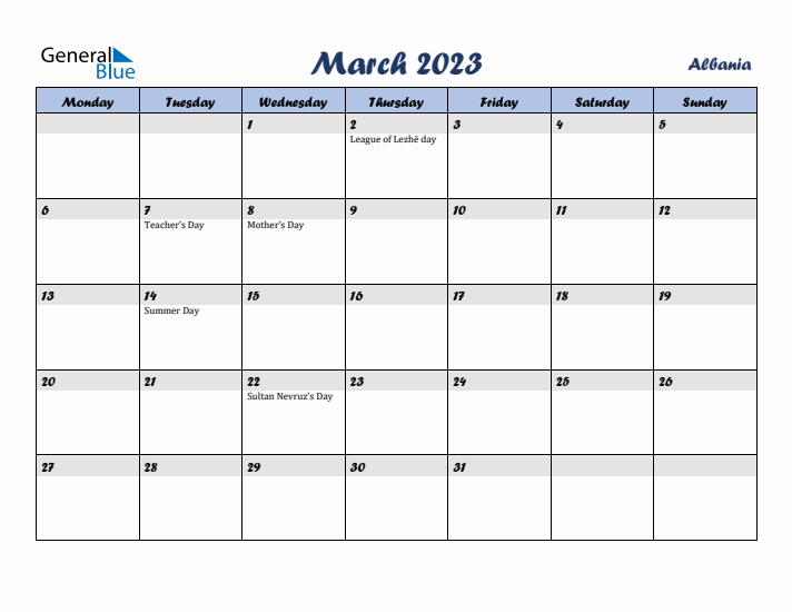 March 2023 Calendar with Holidays in Albania