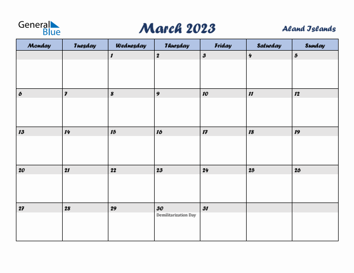 March 2023 Calendar with Holidays in Aland Islands
