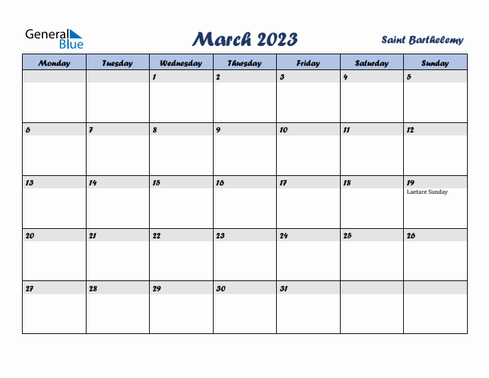 March 2023 Calendar with Holidays in Saint Barthelemy