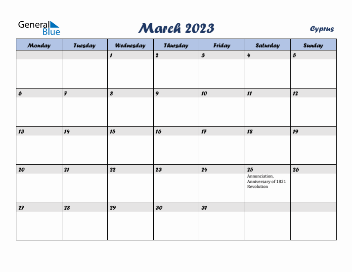 March 2023 Calendar with Holidays in Cyprus