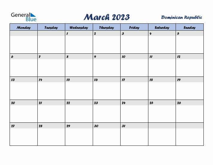 March 2023 Calendar with Holidays in Dominican Republic
