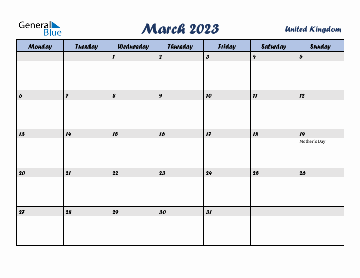 March 2023 Calendar with Holidays in United Kingdom