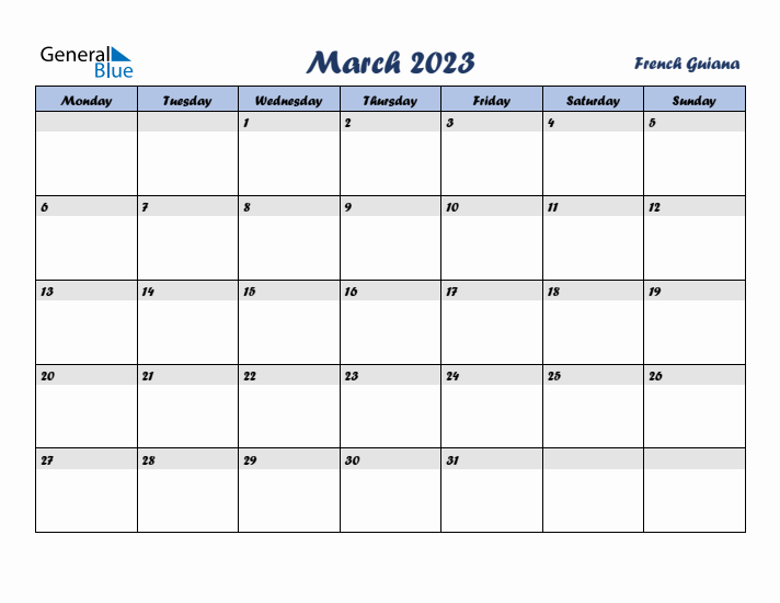 March 2023 Calendar with Holidays in French Guiana