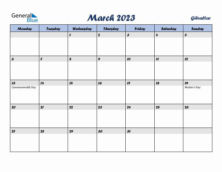 March 2023 Calendar with Holidays in Gibraltar