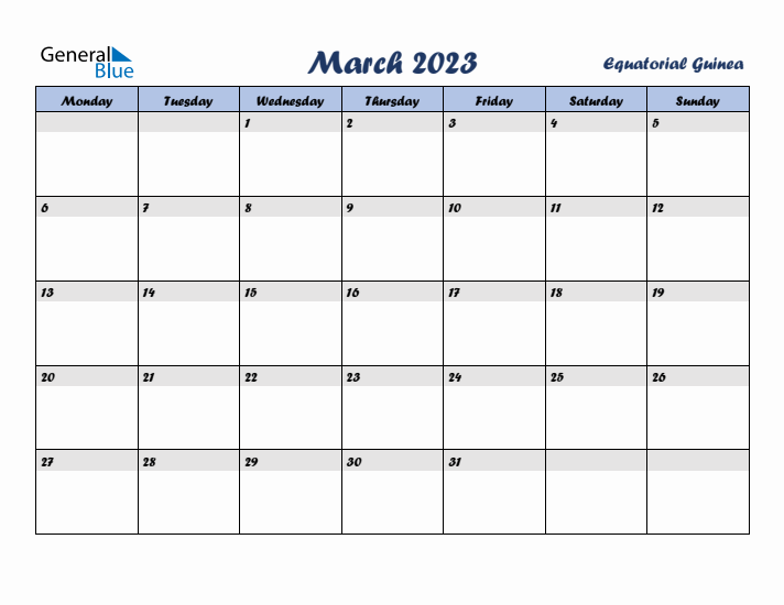 March 2023 Calendar with Holidays in Equatorial Guinea