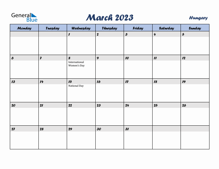 March 2023 Calendar with Holidays in Hungary