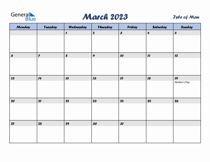 March 2023 Calendar with Holidays in Isle of Man
