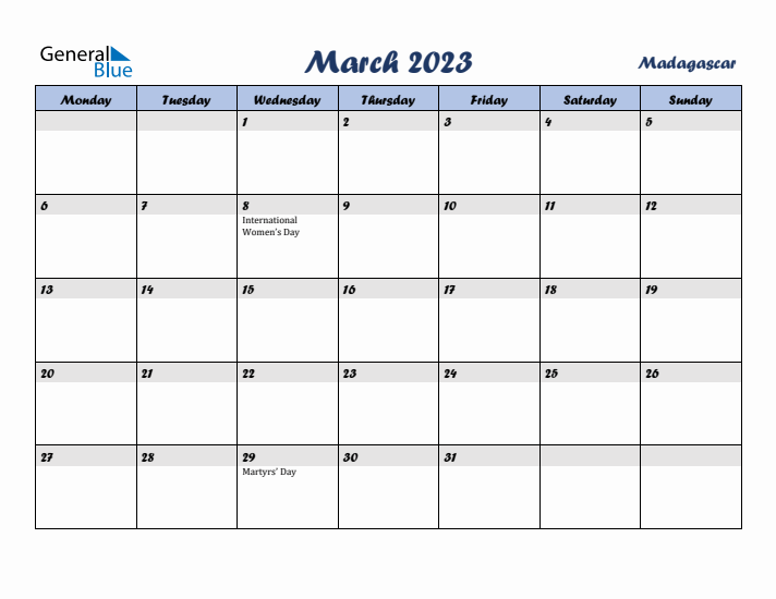 March 2023 Calendar with Holidays in Madagascar