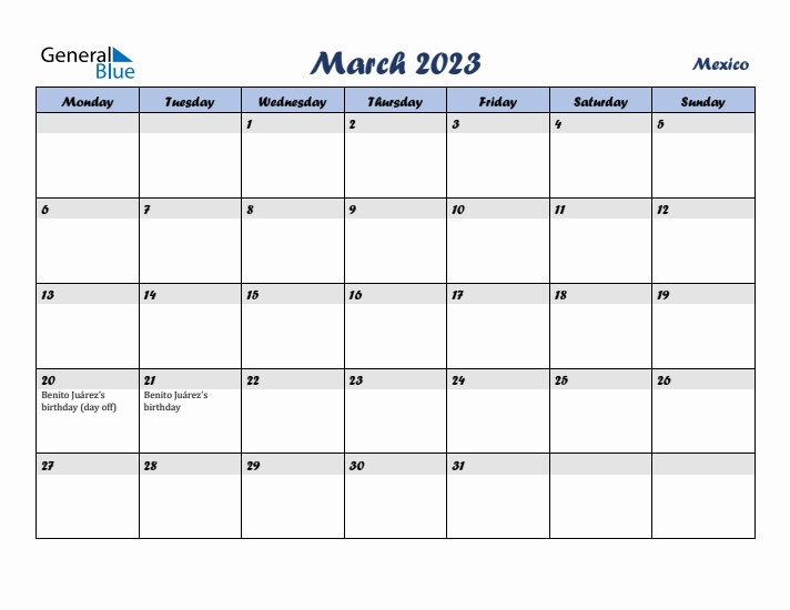 March 2023 Calendar with Holidays in Mexico