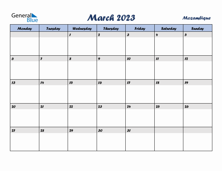 March 2023 Calendar with Holidays in Mozambique