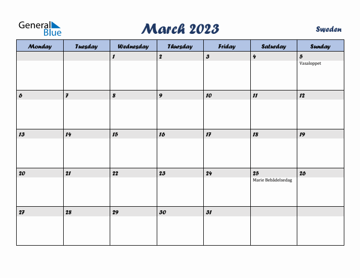 March 2023 Calendar with Holidays in Sweden