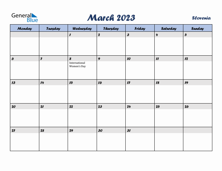 March 2023 Calendar with Holidays in Slovenia
