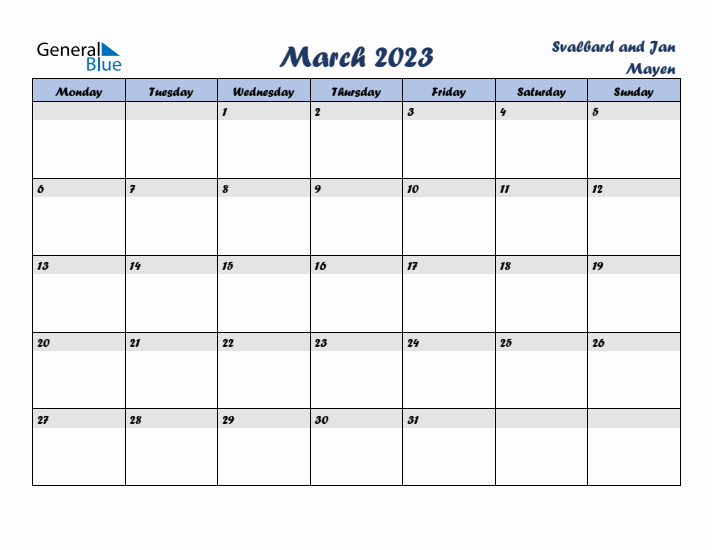 March 2023 Calendar with Holidays in Svalbard and Jan Mayen