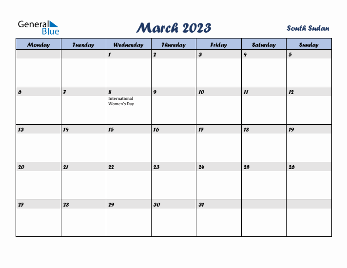 March 2023 Calendar with Holidays in South Sudan