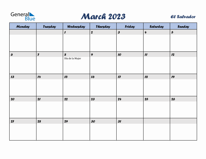 March 2023 Calendar with Holidays in El Salvador
